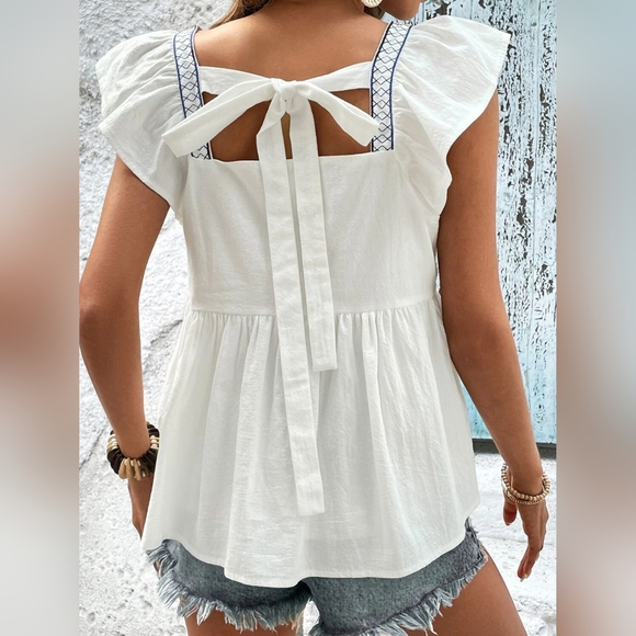 Tied Embroidered Ruffled Square Neck Cap Sleeve Blouse - Picture 2 of 5